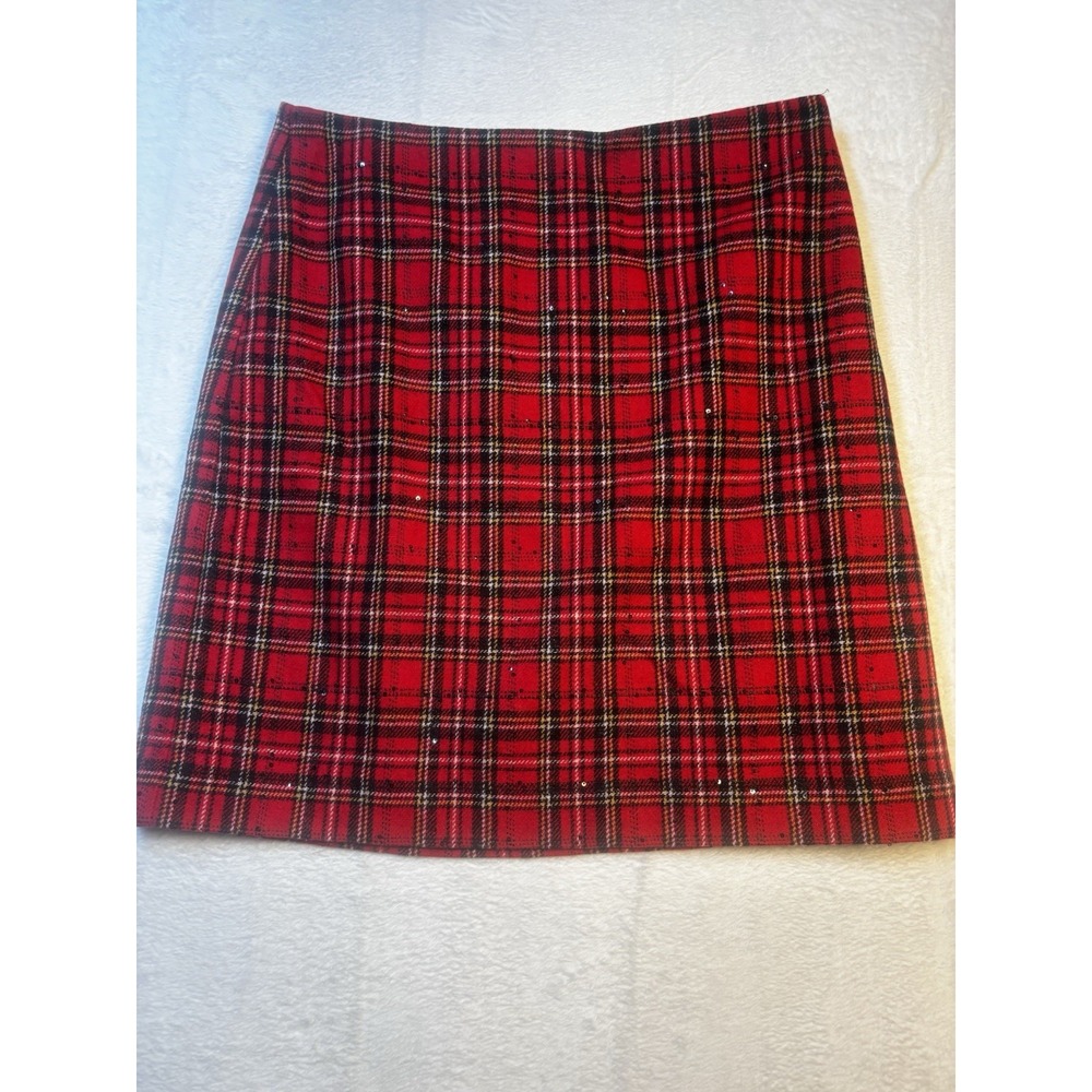 Talbots Red Tartan Skirt Womens‎ 10 Sequin Plaid Wool Blend Straight Mini Short
